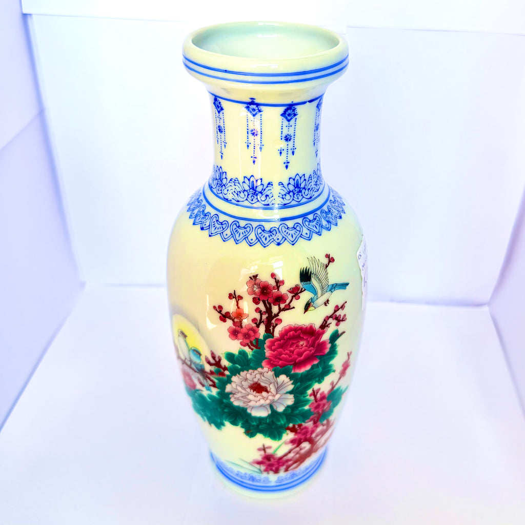 Vază din Porțelan Chinezească – Albă cu Imprimeu Multicolor – Ø11 × 26 cm