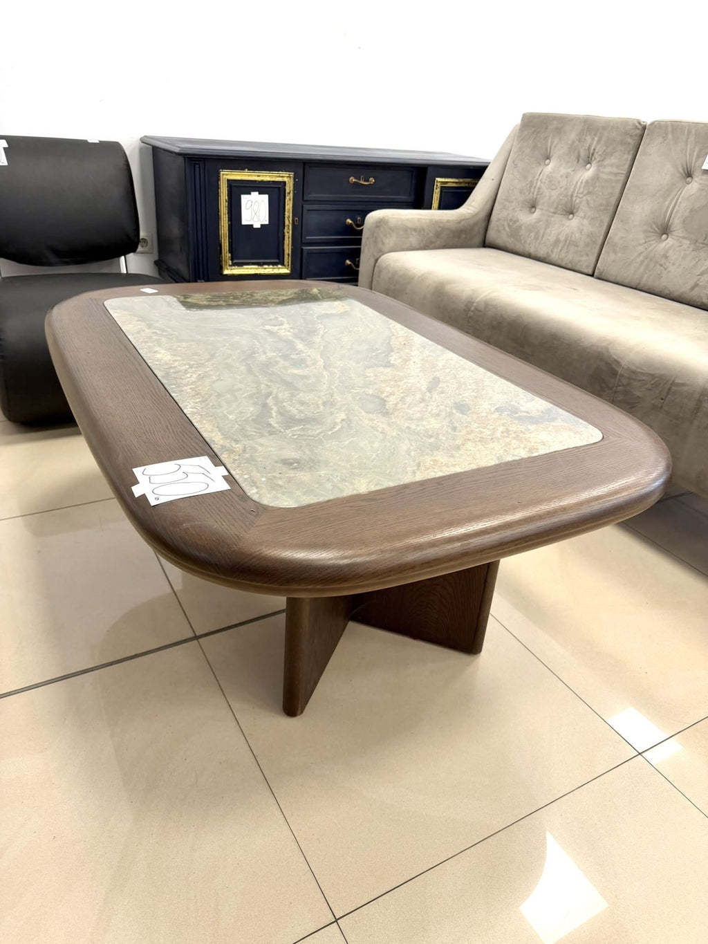 Masă de Cafea din Lemn Masiv cu Blat din Granit Natural – 130 × 90 × 53 cm
