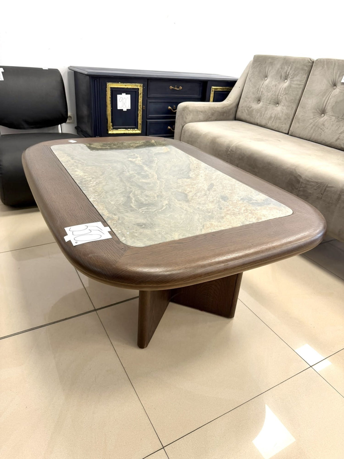 Masă de Cafea din Lemn Masiv cu Blat din Granit Natural – 130 × 90 × 53 cm