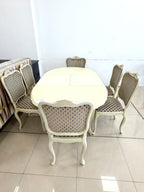 Set Dining - Masă Extensibilă din Lemn cu 6 Scaune – Alb Crem Antichizat