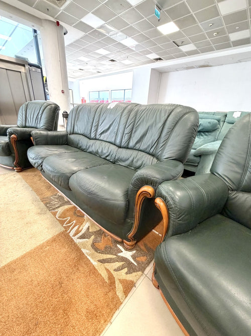 Set Living din Piele Naturală Verde Închis Antichizat – Canapea 3 Locuri + 2 Fotolii