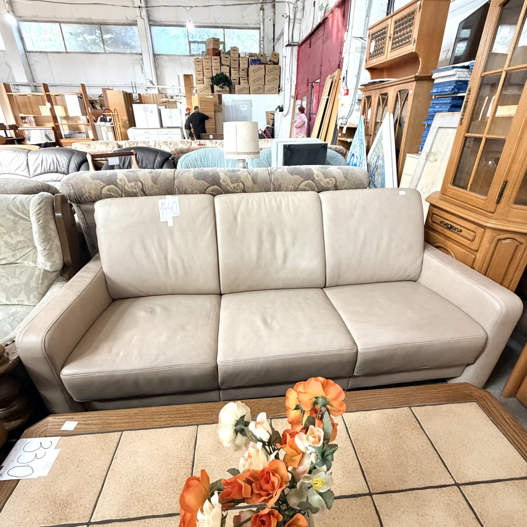 Canapea din Piele Bej, 3 Locuri – 198 × 86 × 85 cm