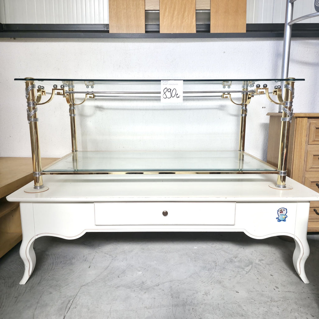 Masă cu Cadru Metalic Auriu și Accente Argintii, Blat din Sticlă Securizată – 119 × 69 × 47 cm