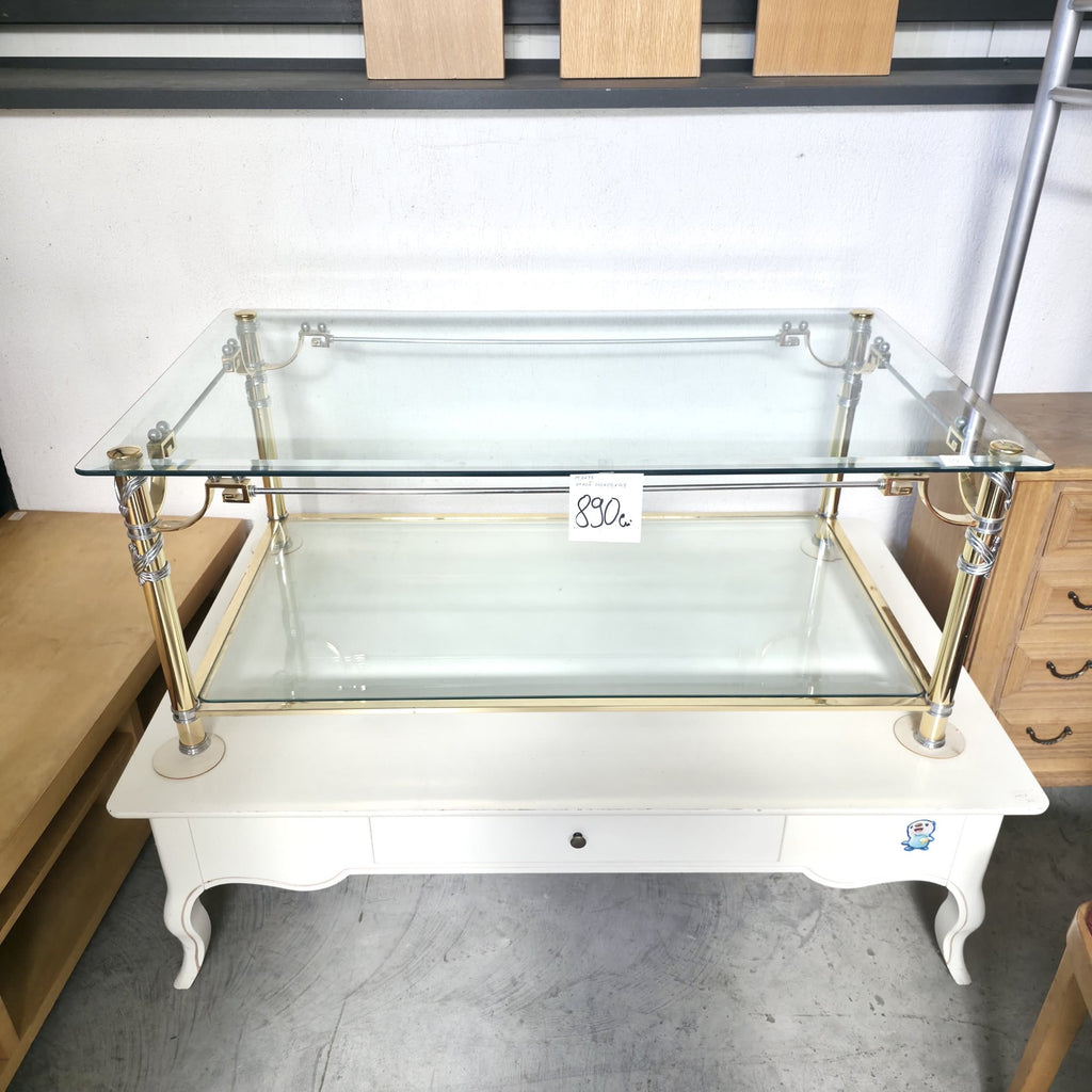 Masă cu Cadru Metalic Auriu și Accente Argintii, Blat din Sticlă Securizată – 119 × 69 × 47 cm