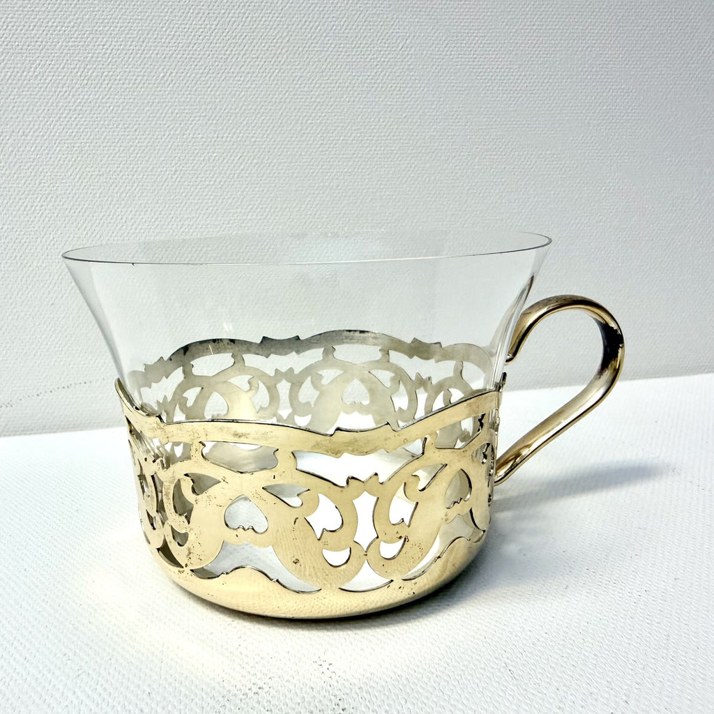 Set 6 Cești din Sticlă cu Suport Metalic Placat cu Argint – Ø8,5 × 6 cm