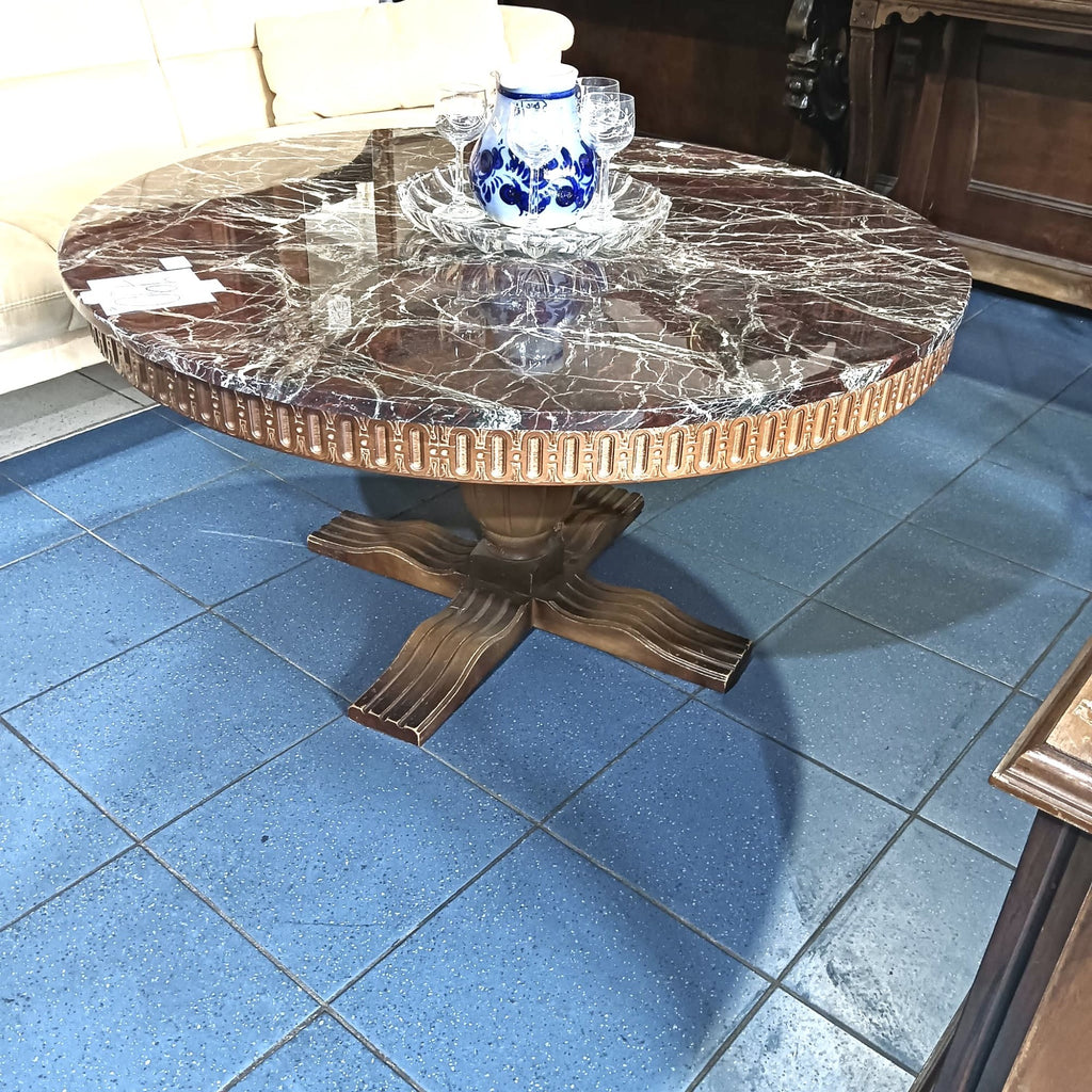 Masă de Cafea Rotundă din Lemn Masiv cu Blat din Marmură Naturală Maronie – Ø100 × 55 cm