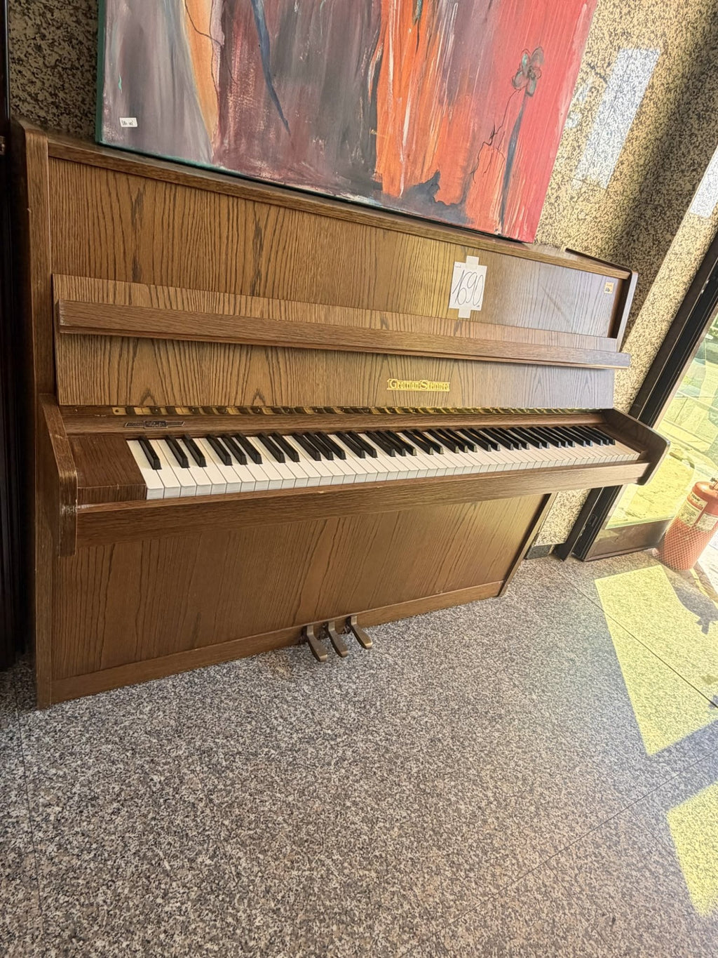 Pianină Vintage cu Placă din Bronz – 143 × 56 × 110 cm