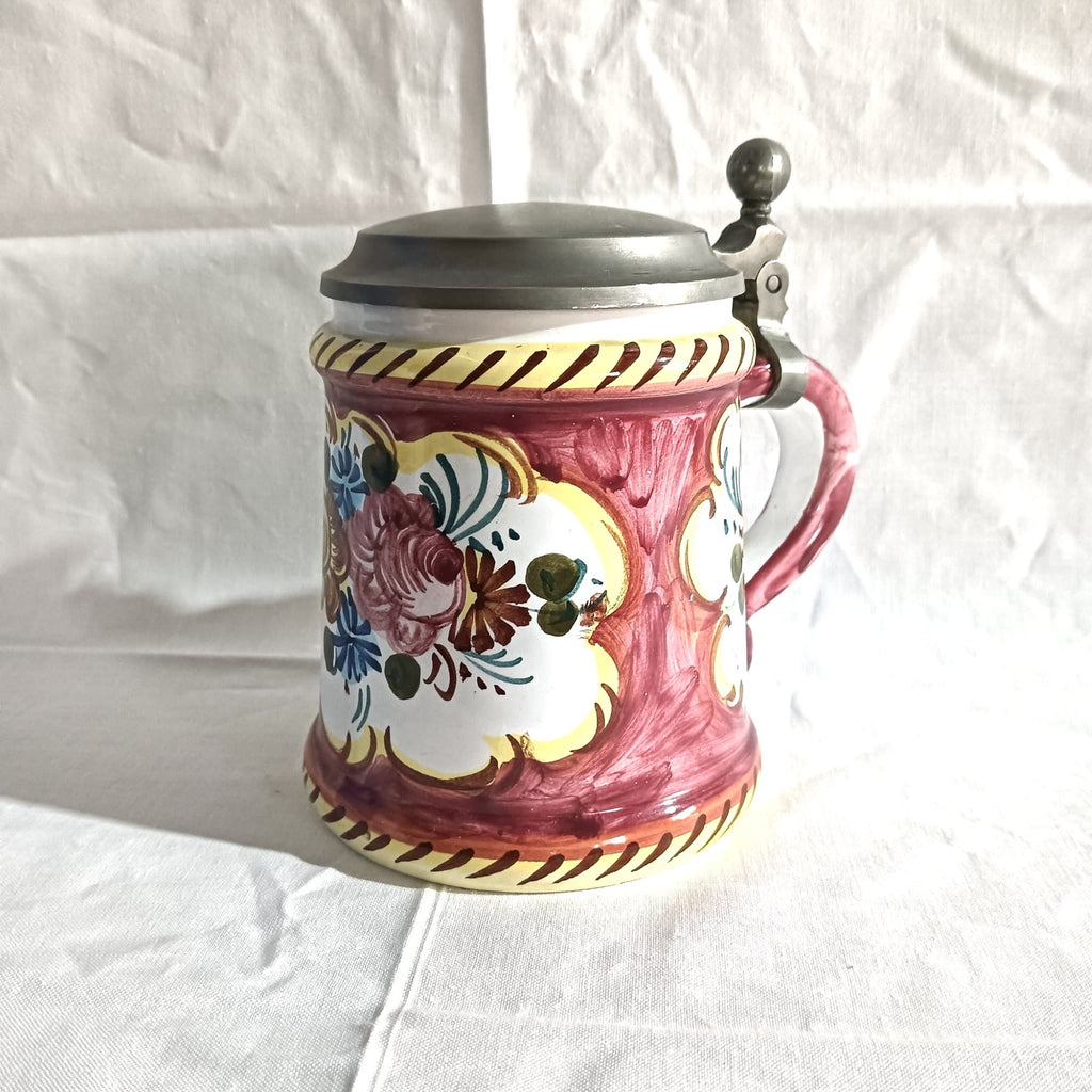 Halbă Vintage din Ceramică, Lucrată Manual, cu Capac din Zinc – Ø10 × 14 cm