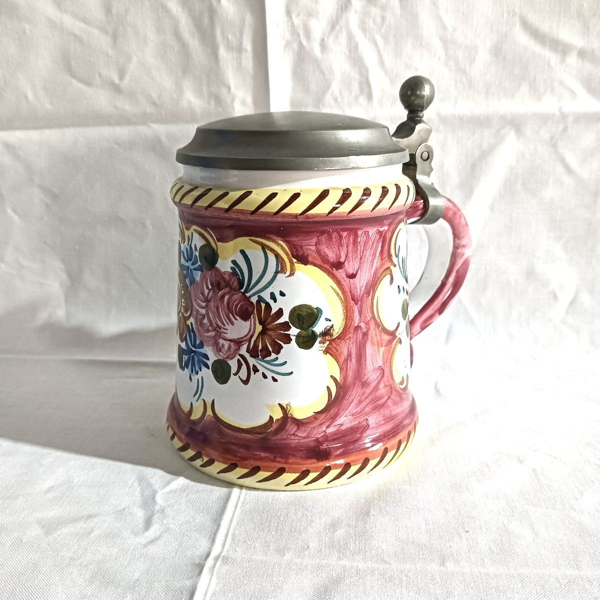 Halbă Vintage din Ceramică, Lucrată Manual, cu Capac din Zinc – Ø10 × 14 cm
