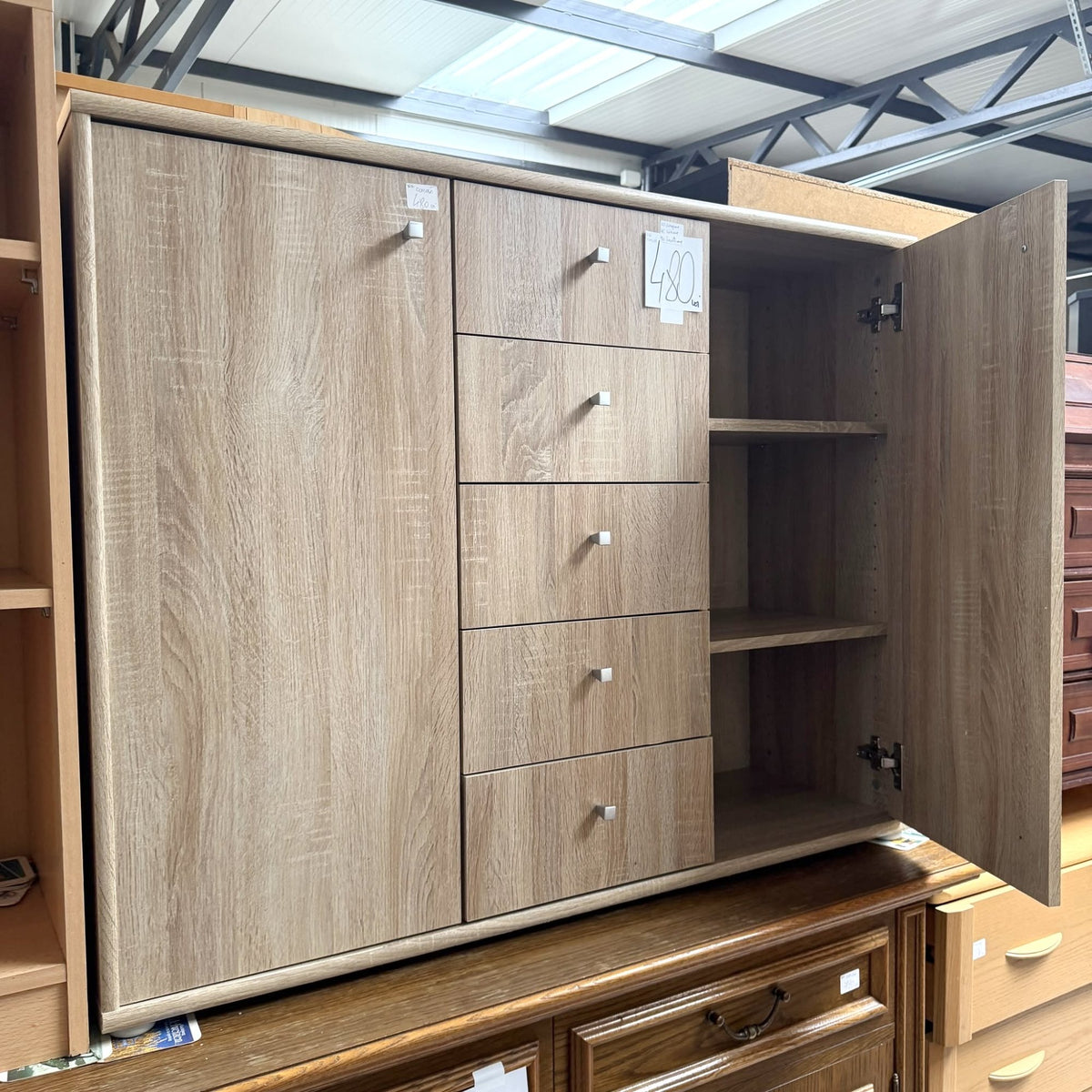 Comodă din PAL Melaminat Sonoma cu 2 Uși și 5 Sertare – 110 × 35 × 90 cm