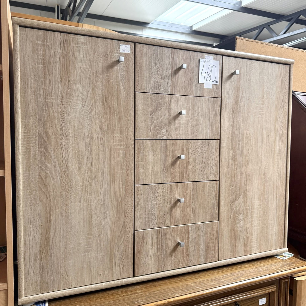 Comodă din PAL Melaminat Sonoma cu 2 Uși și 5 Sertare – 110 × 35 × 90 cm